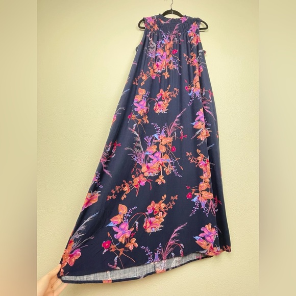 A New Day Women's Medium Floral Navy Sleeveless Maxi Dress Smocked Mock Neck - Picture 3 of 16